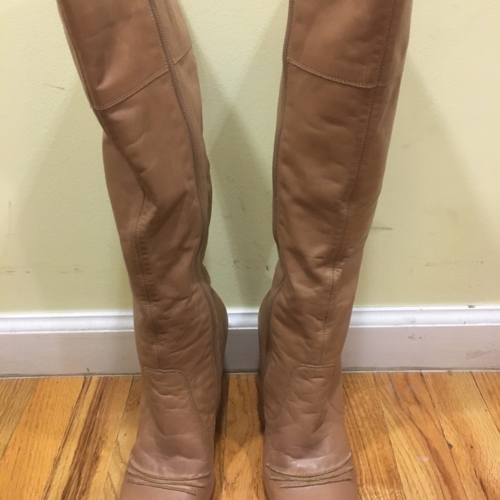 Beige leather wedge long boots